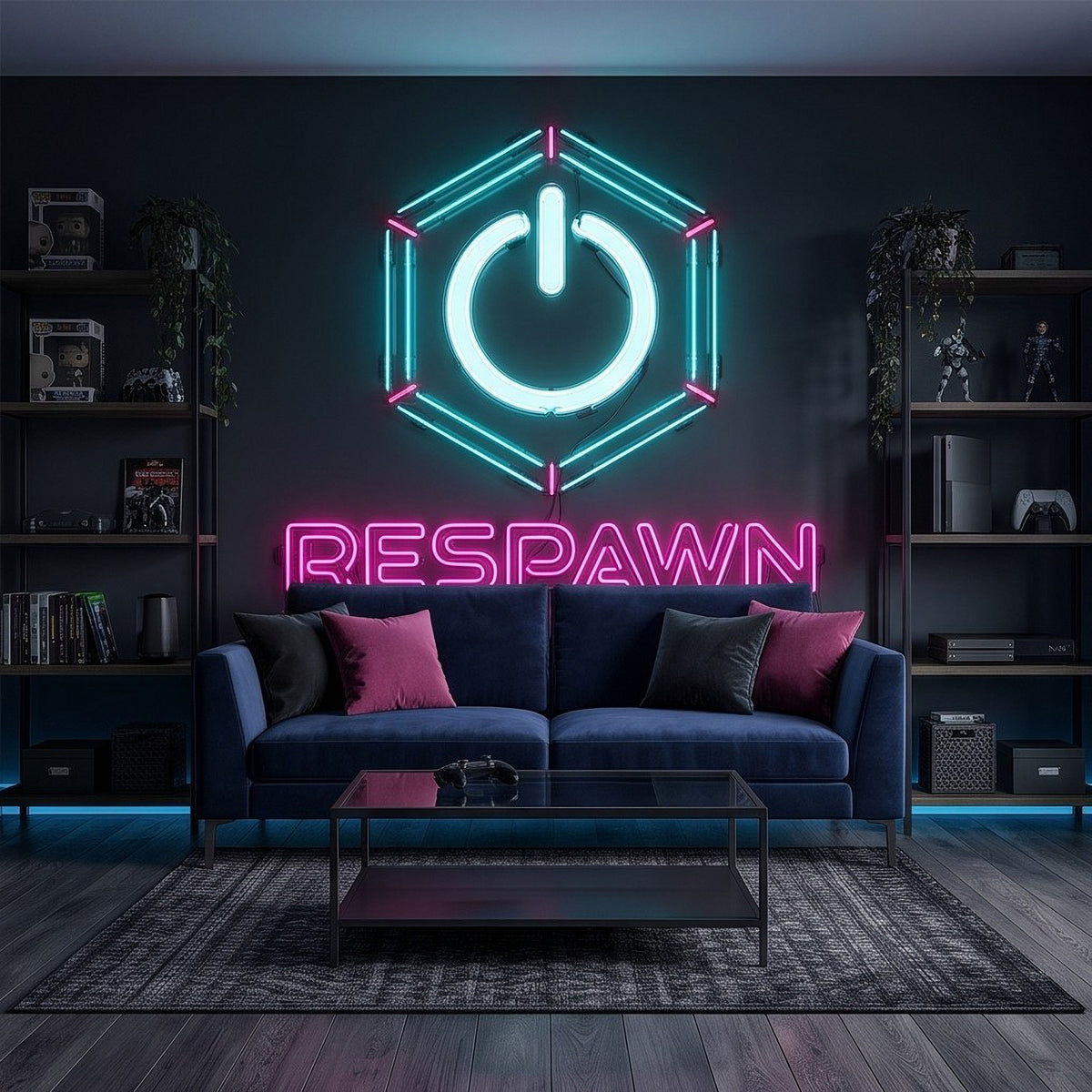 Neon gaming wall mural featuring a lit hexagon power symbol and 'RESPAWN'