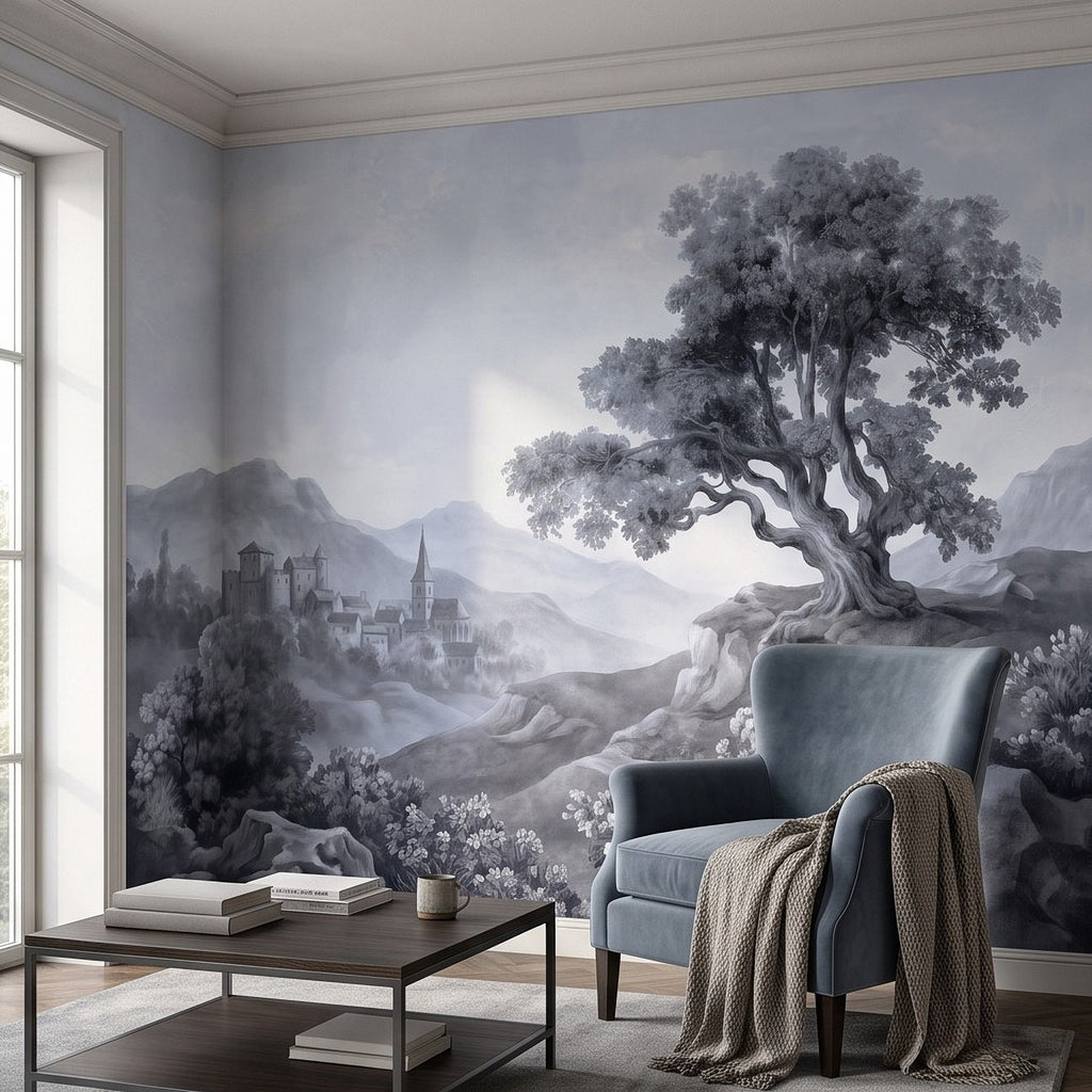 Monochrome fantasy wall mural with misty mountains, ancient village, and large tree.