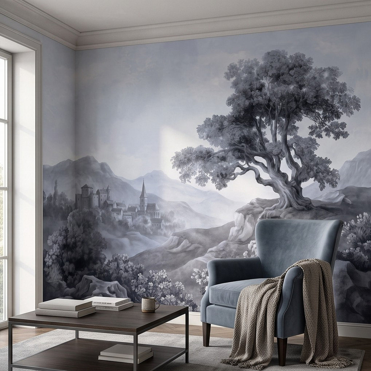 Monochrome fantasy wall mural with misty mountains, ancient village, and large tree.