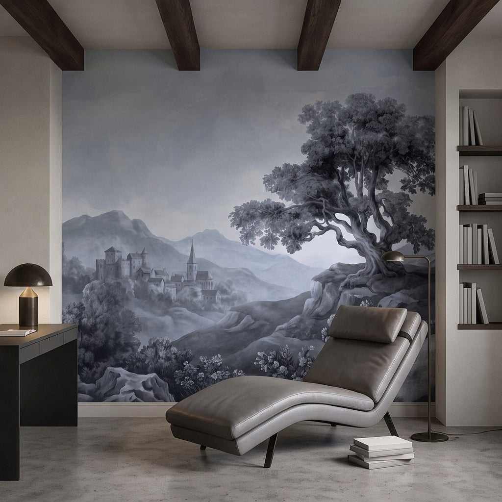Monochrome wall mural with sprawling ancient tree over misty mountains and village