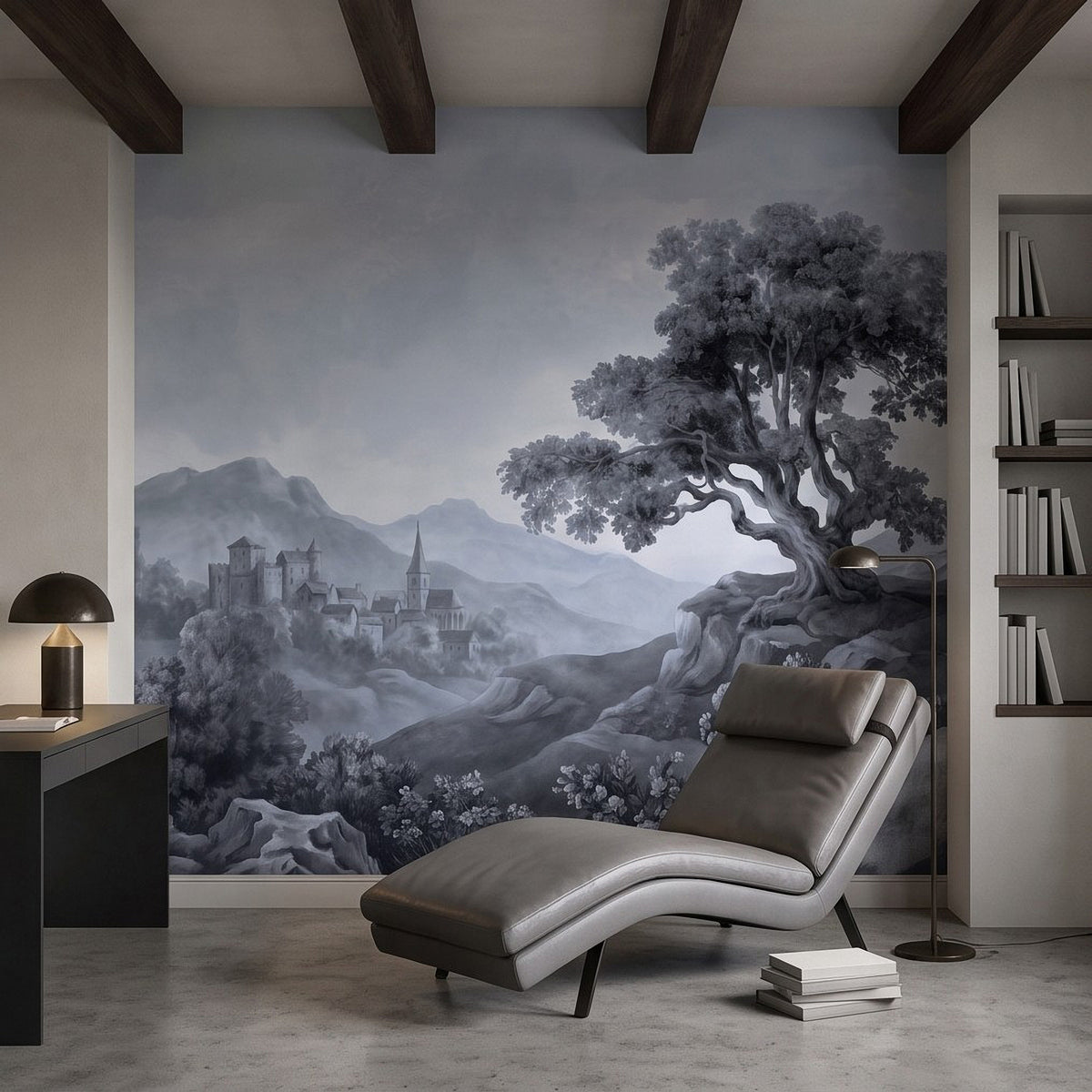 Monochrome wall mural with sprawling ancient tree over misty mountains and village