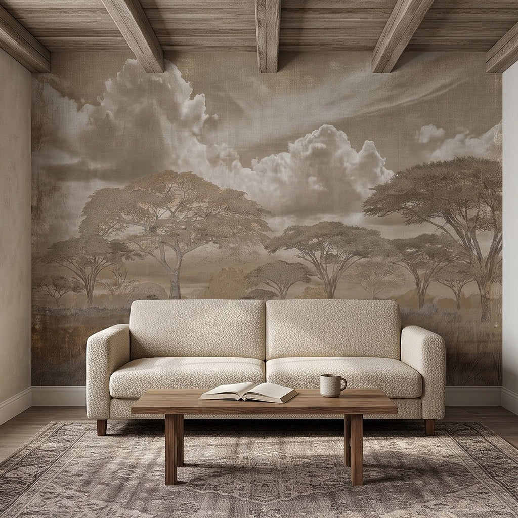 Wall mural with African savanna trees, hazy hills, and overcast cloud formations