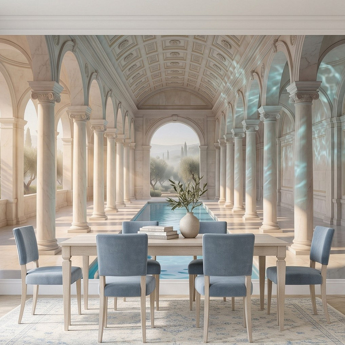 Dining room scene with mural arches, tall columns, and a blue pool