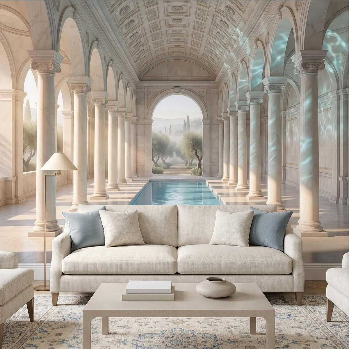 Mediterranean wall mural with arched colonnade, pool, and blue-gray sofa