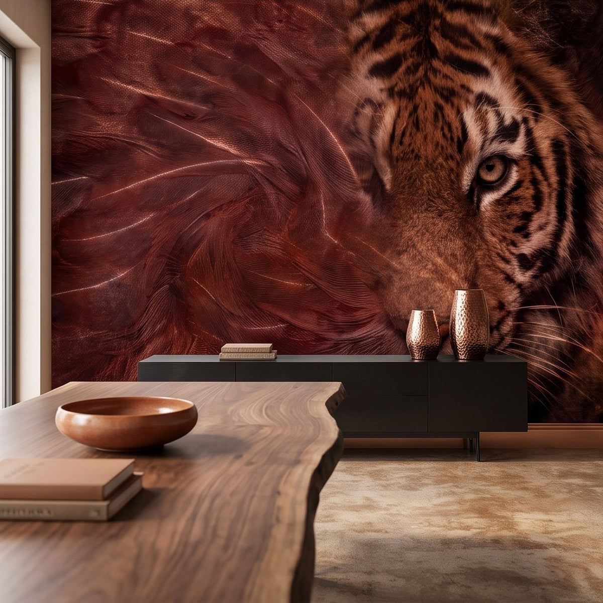 Tiger face wall mural with brown-red feather texture, close view on the accent wall