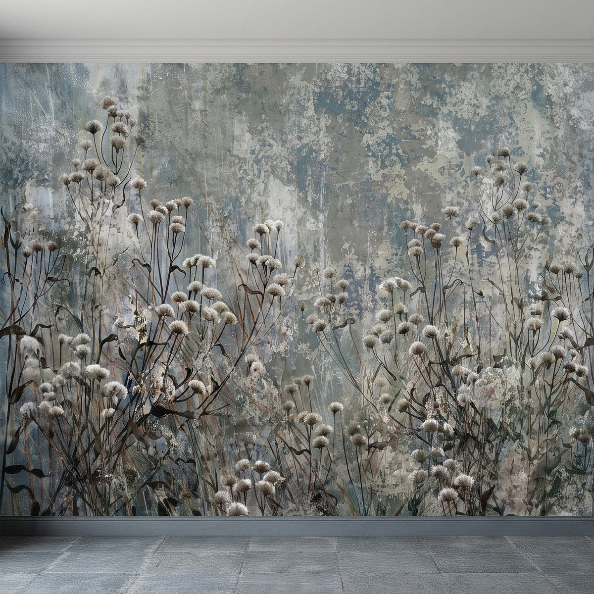 Botanical wall mural showing dense white seed-pod flowers over a blue-gray textured wall