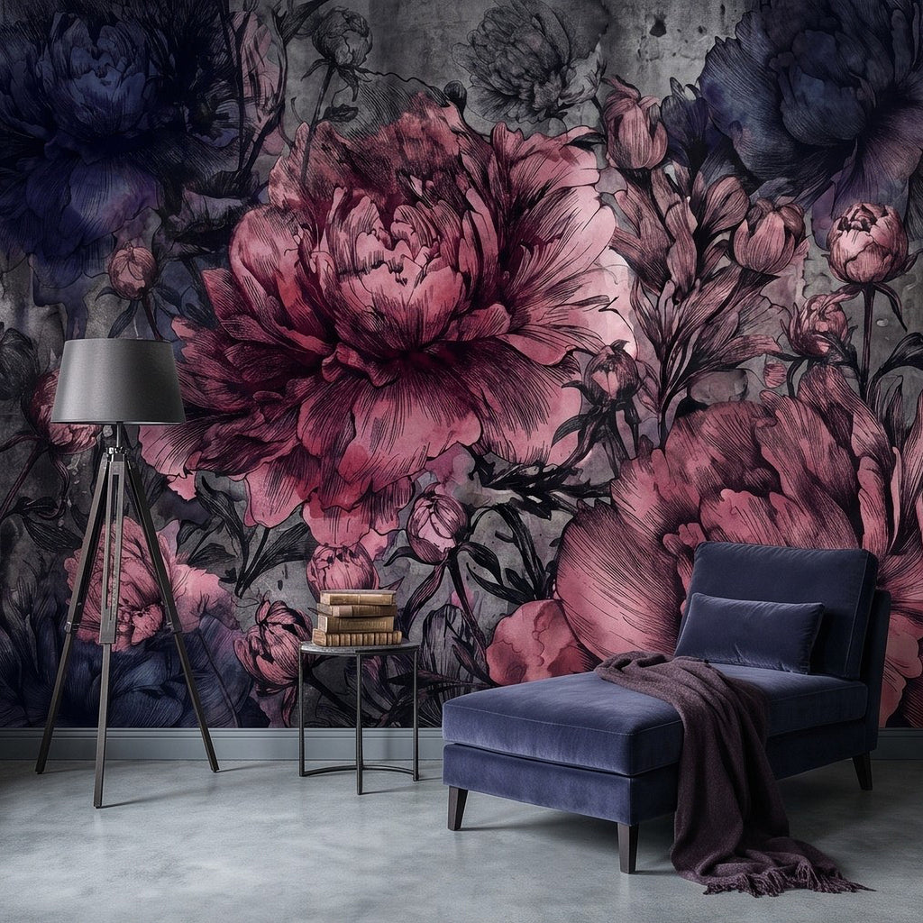 Floral peony wall mural with large pink blooms and dark blue leaves
