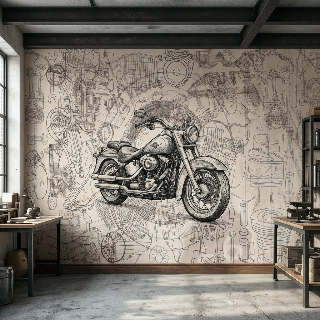 Motorcycle wall mural with classic cruiser motorcycle blueprint drawing in workshop style