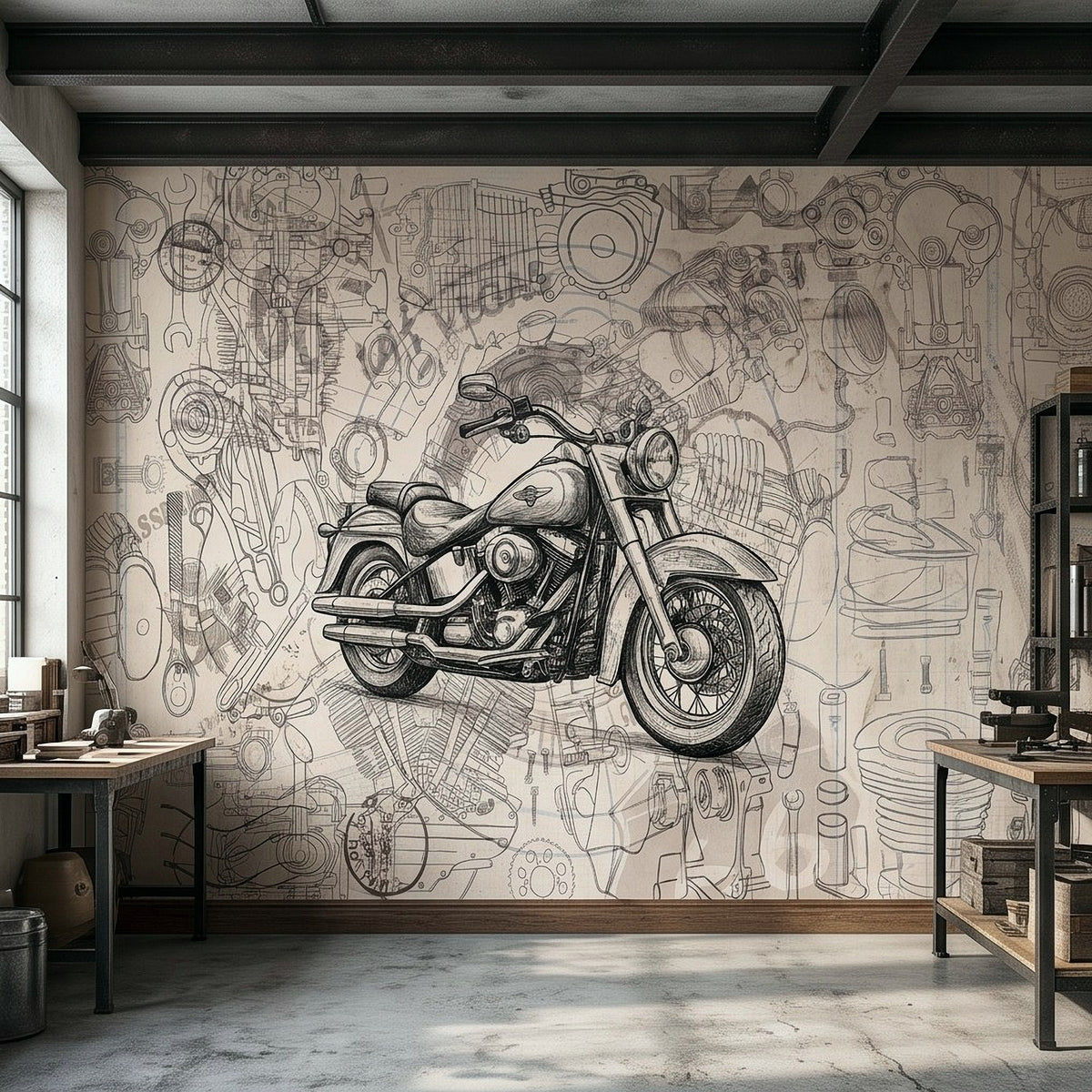 Motorcycle wall mural with classic cruiser motorcycle blueprint drawing in workshop style