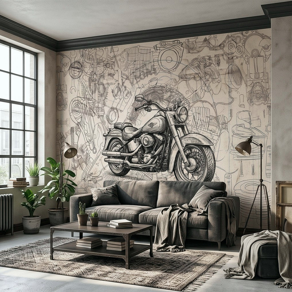 Motorcycle wall mural with vintage bike blueprint sketch across the living room wall