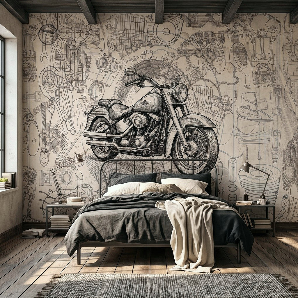 Full motorcycle sketch wall mural with blueprint engine and part outlines in gray ink
