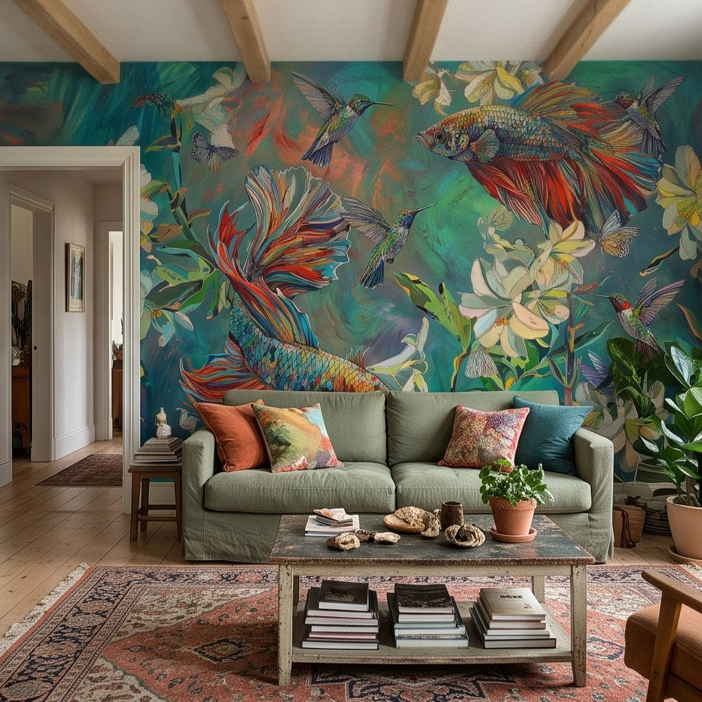 Tropical fish and butterfly wall mural in turquoise with flowers and birds above sofa