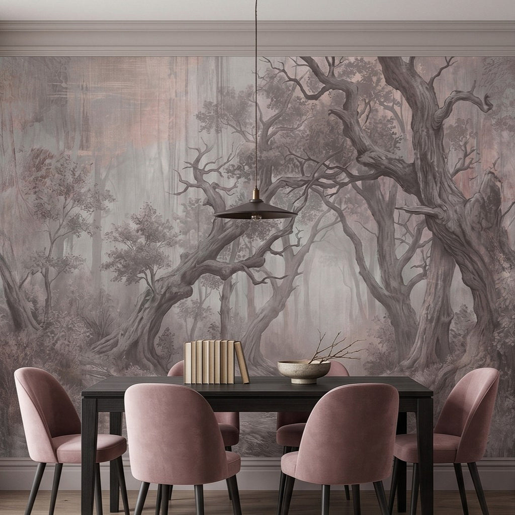 Misty woodland wall mural with tall ancient tree branches in gray and taupe