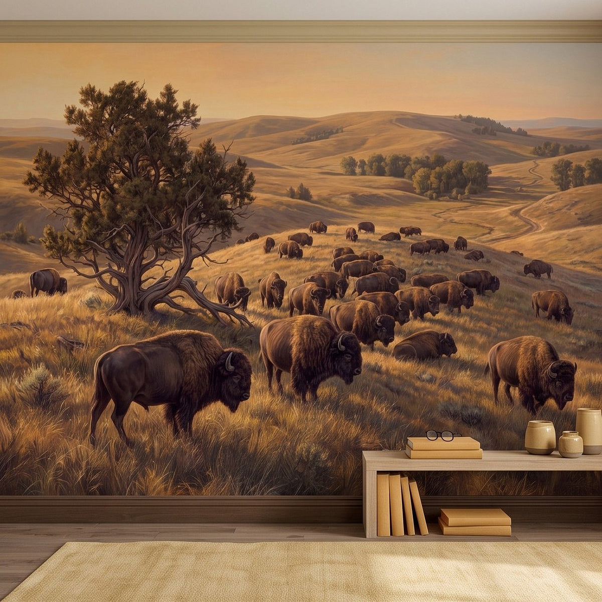 Buffalo herd prairie landscape wall mural with tree and rolling hills across the wall