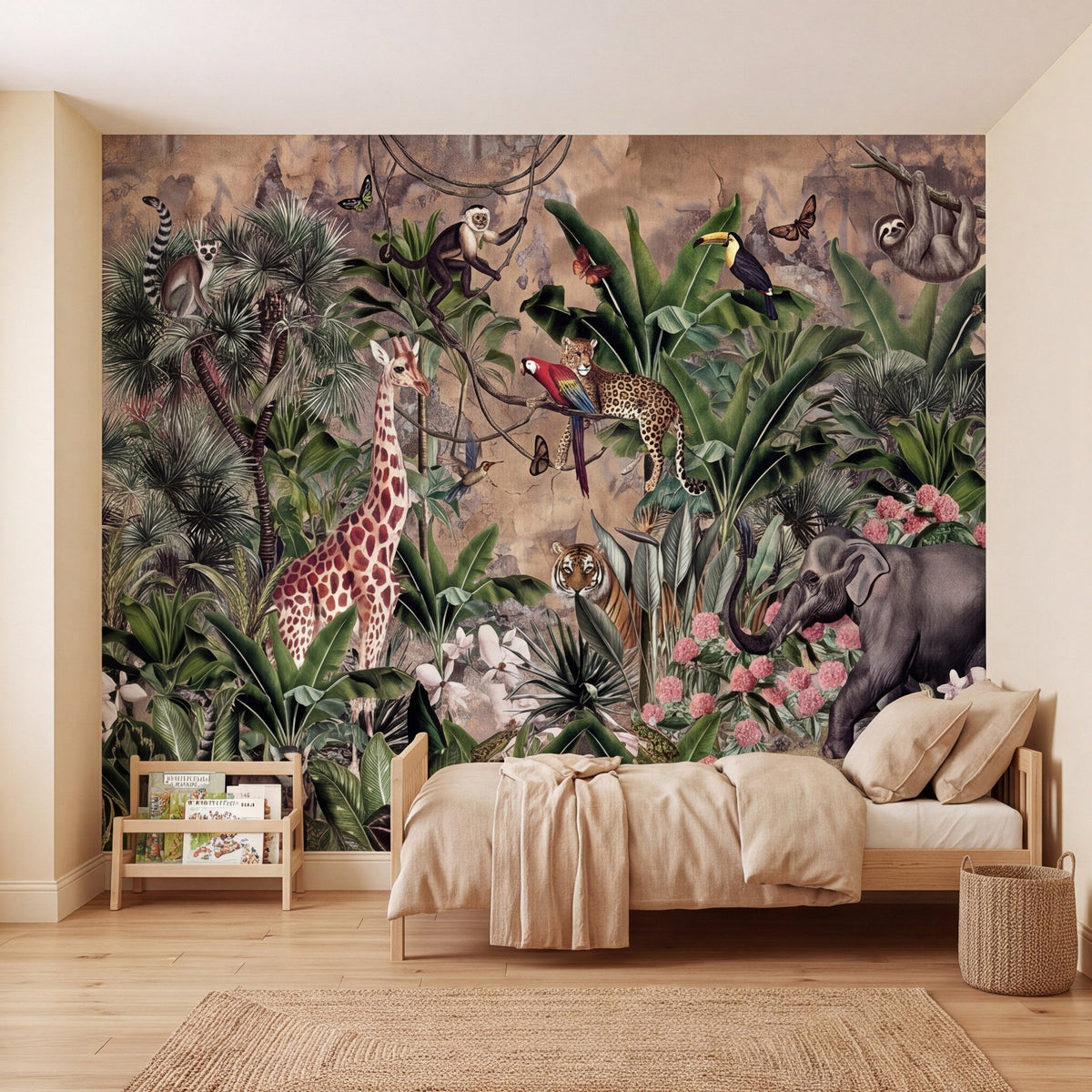 Rainforest animal wall mural with giraffe, elephant, parrotlike birds, and layered tropical leaves