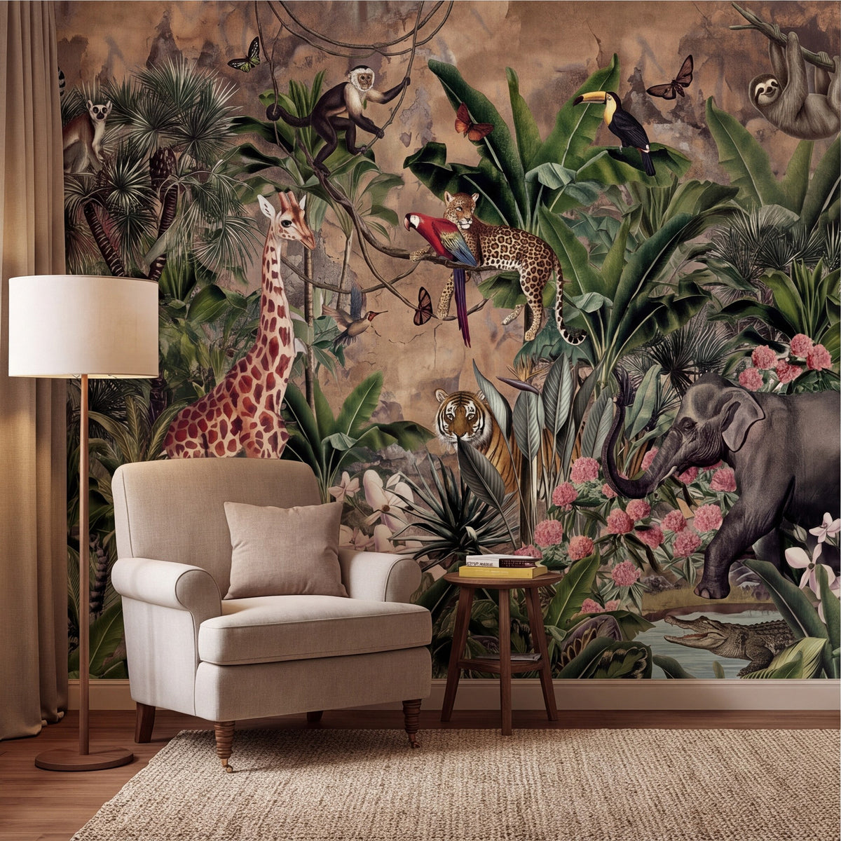 Rainforest animal wall mural featuring giraffe, birds, leopard, sloth, and tropical greenery