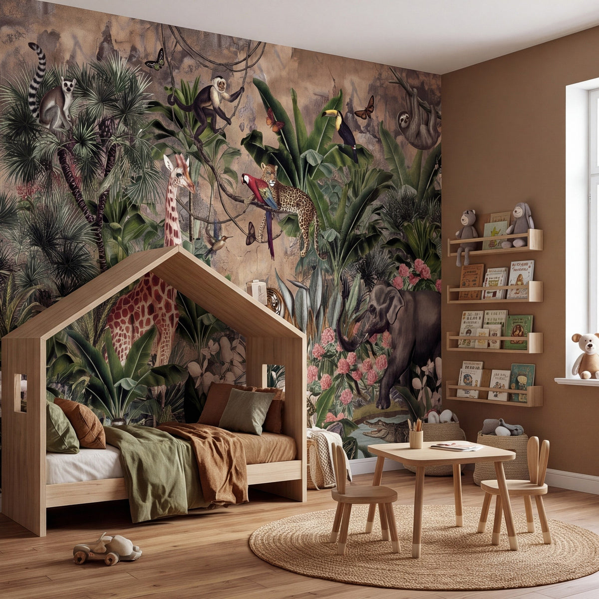 Rainforest animals and lush botanical wall mural with giraffe and layered leaves