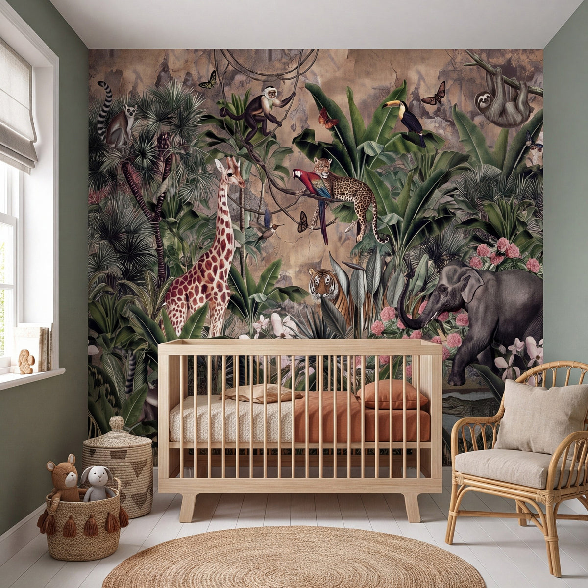 Rainforest animals wall mural with giraffe and layered greenery on the room wall