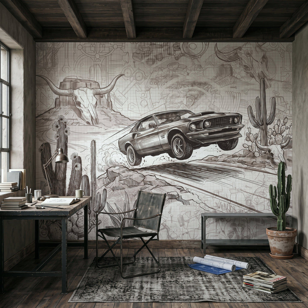 Full wall mural showing a sketch vintage muscle car with desert cacti and rocks