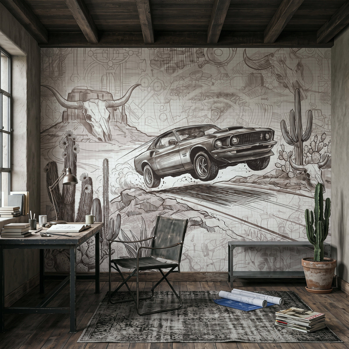 Full wall mural showing a sketch vintage muscle car with desert cacti and rocks