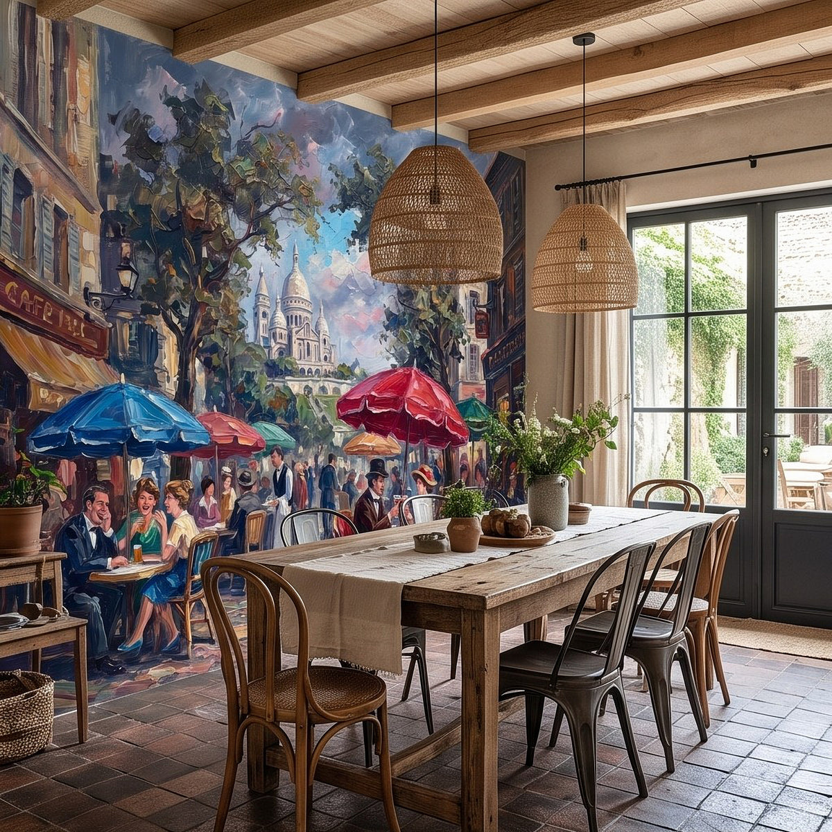 Paris cafe mural with Sacre Coeur, colorful umbrellas, people gathered along the street