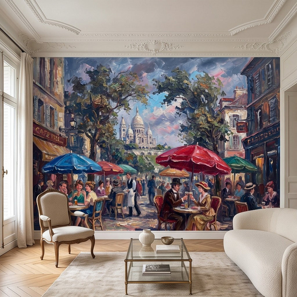 Paris street cafe mural with red umbrella, blue parasol, and crowd scenes beneath trees