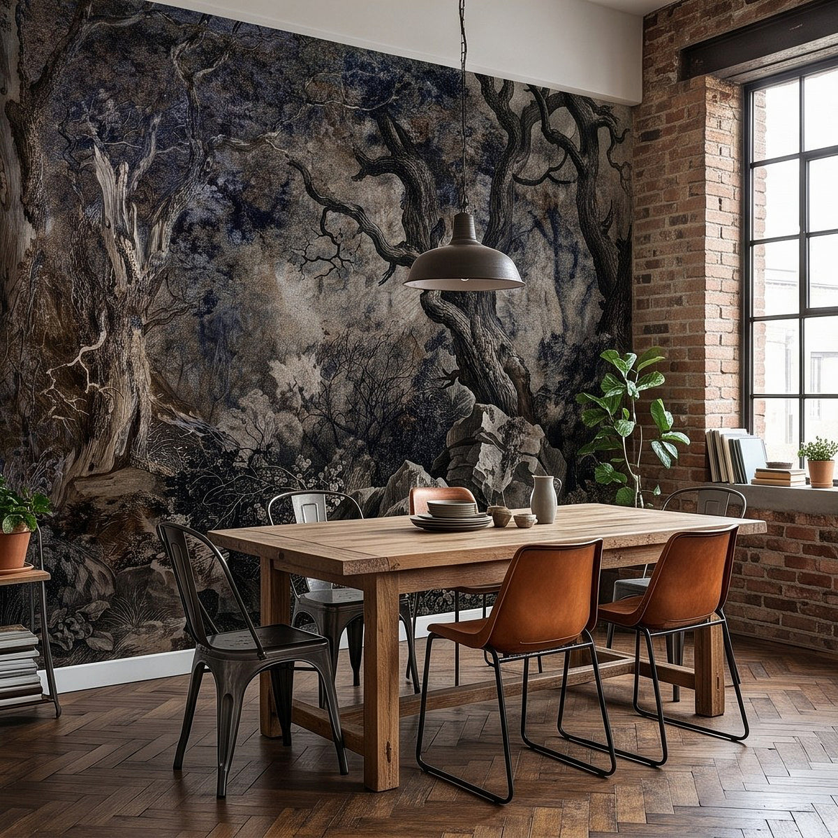 Wall mural of gnarled trees in dark blue-gray with vine-like branches and rocky texture