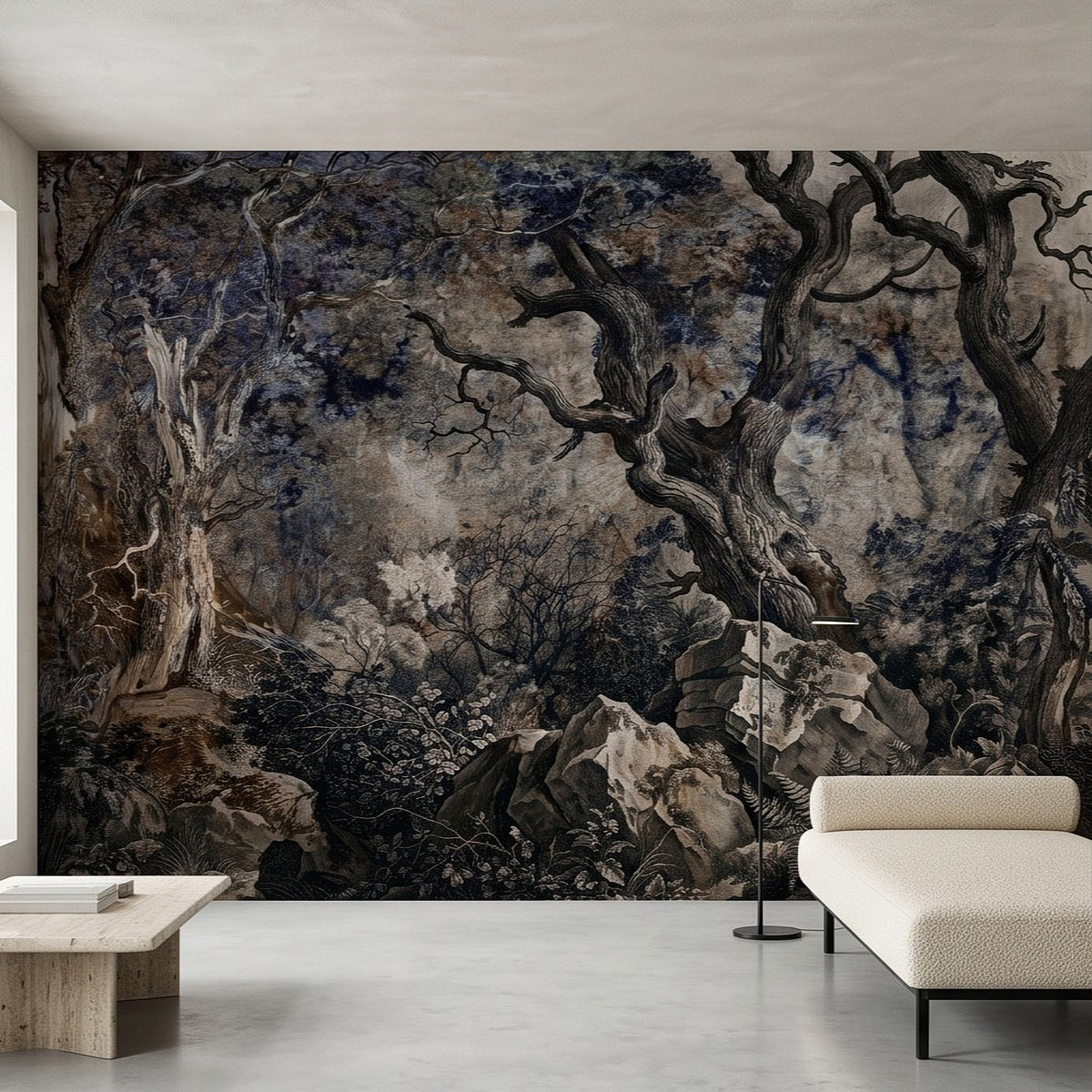 Wall mural with dark twisted tree canopy, rocks, and woodland plants in vintage etching.