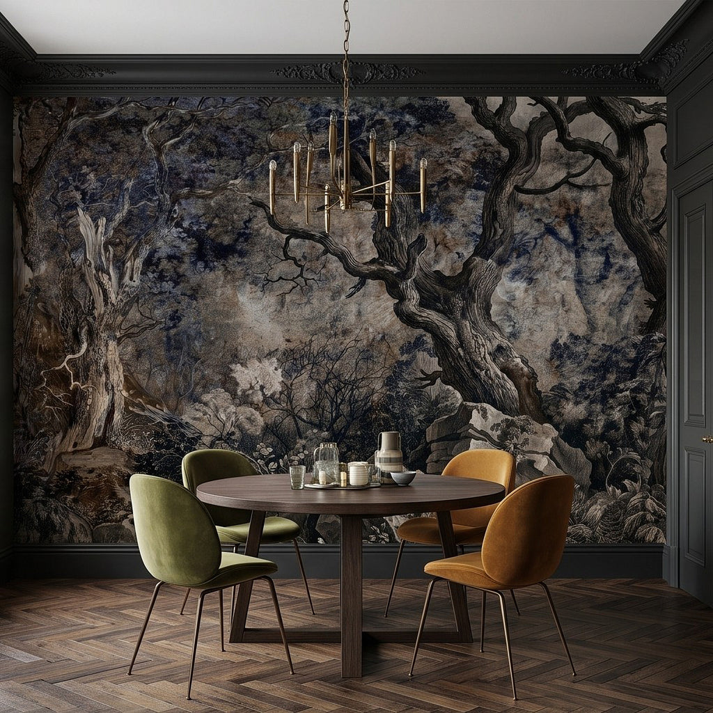 Wall mural of dark gnarled trees over rocky woodland, blue-gray vintage engraving style