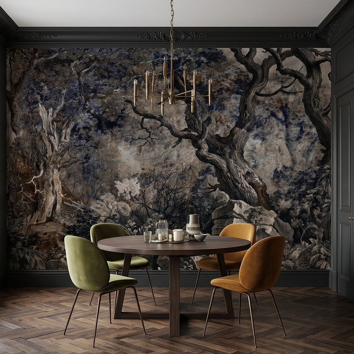 Wall mural of dark gnarled trees over rocky woodland, blue-gray vintage engraving style