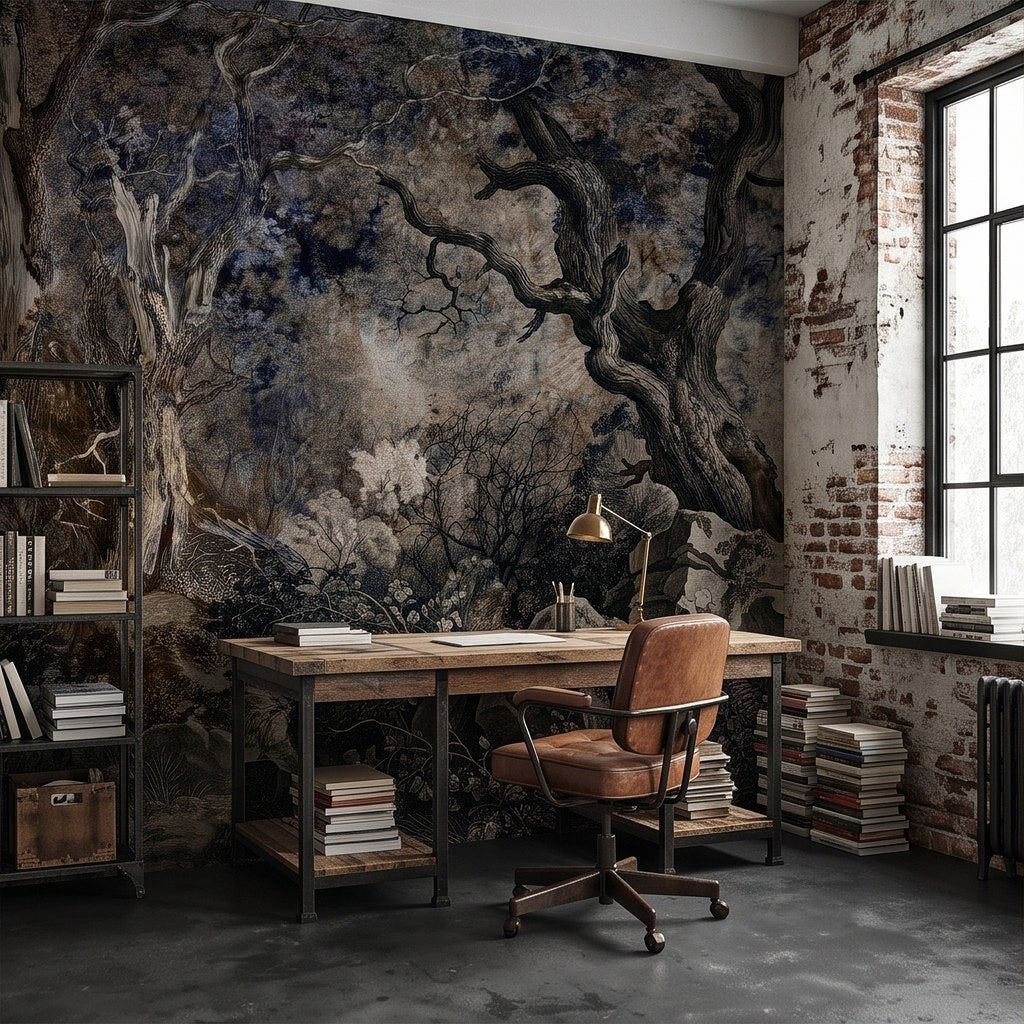 Wall mural covering an interior wall with gnarled trees, rocky path, and dark branches