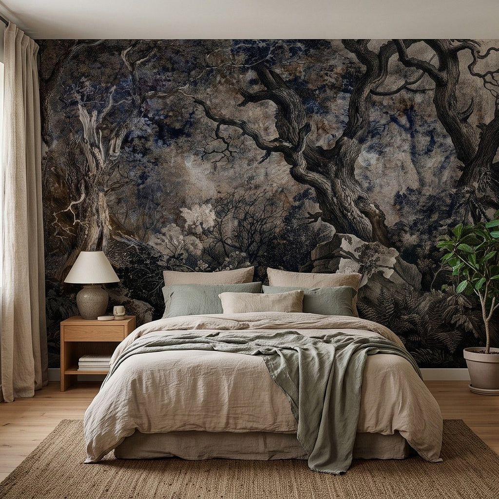 Wall mural with dark twisted tree trunks and cloudlike stone forms in muted blue-gray