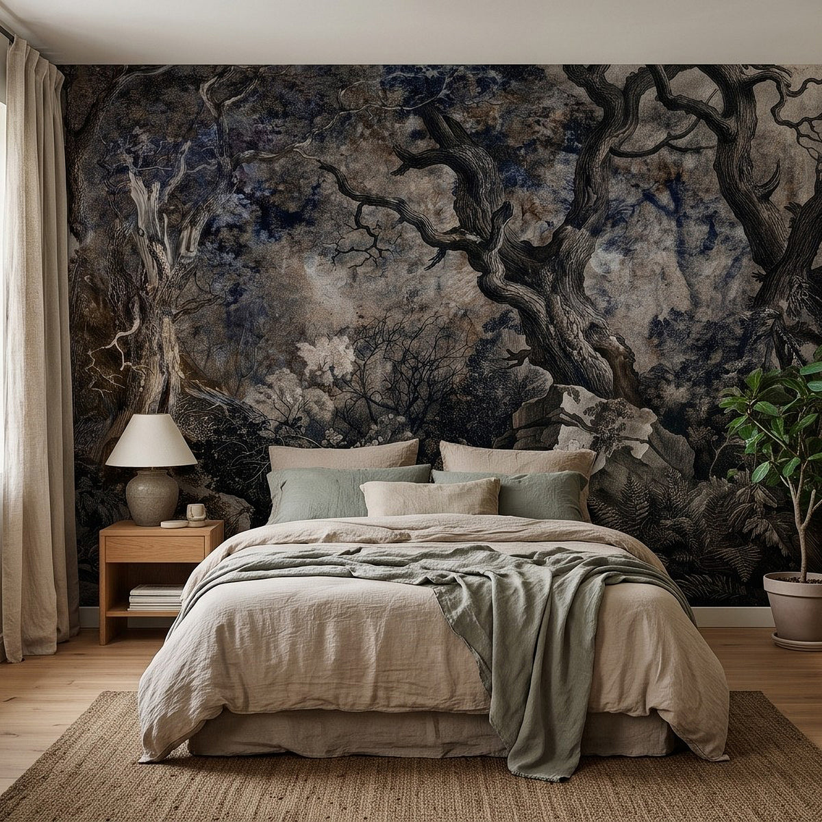 Wall mural with dark twisted tree trunks and cloudlike stone forms in muted blue-gray