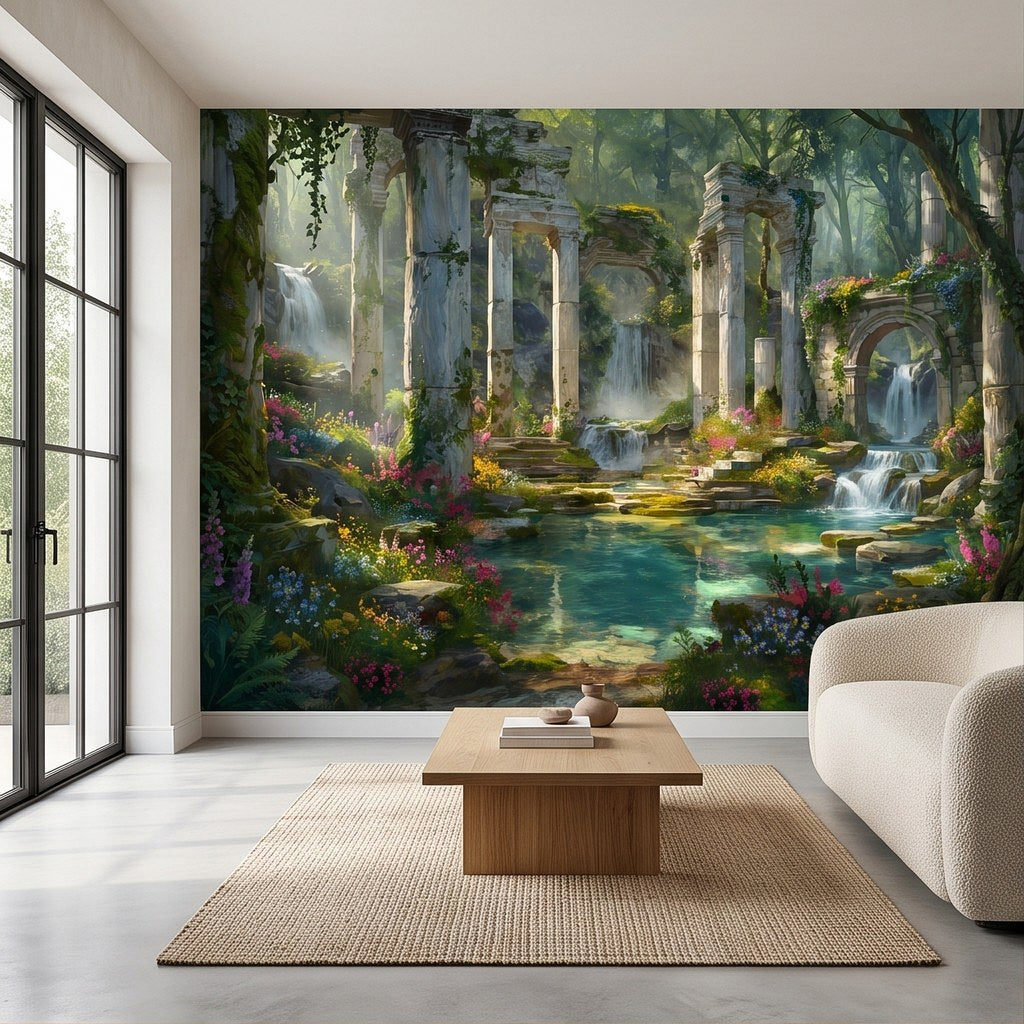 Fantasy garden wall mural showing ancient stone arches, lush greenery, and cascading waterfalls