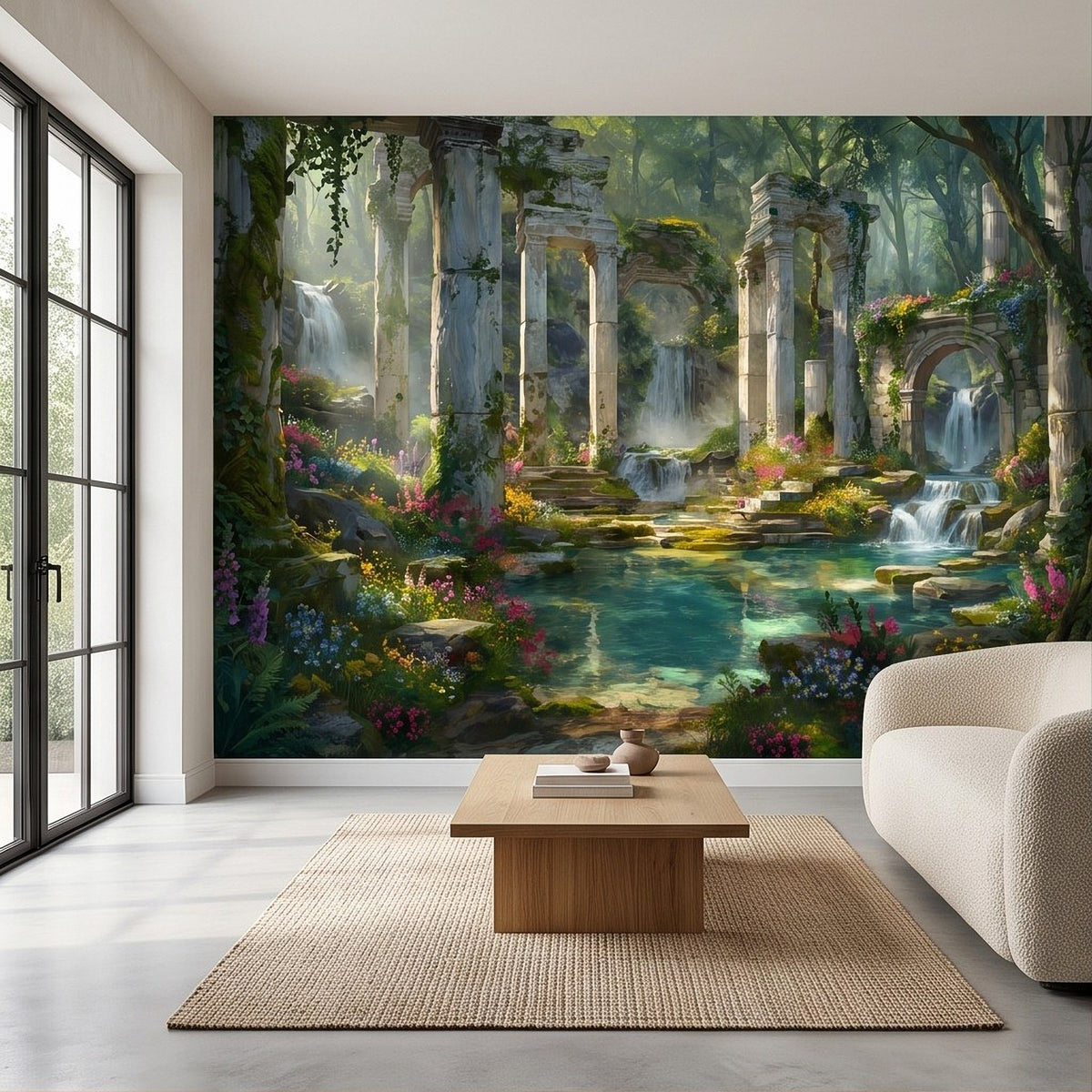 Fantasy garden wall mural showing ancient stone arches, lush greenery, and cascading waterfalls