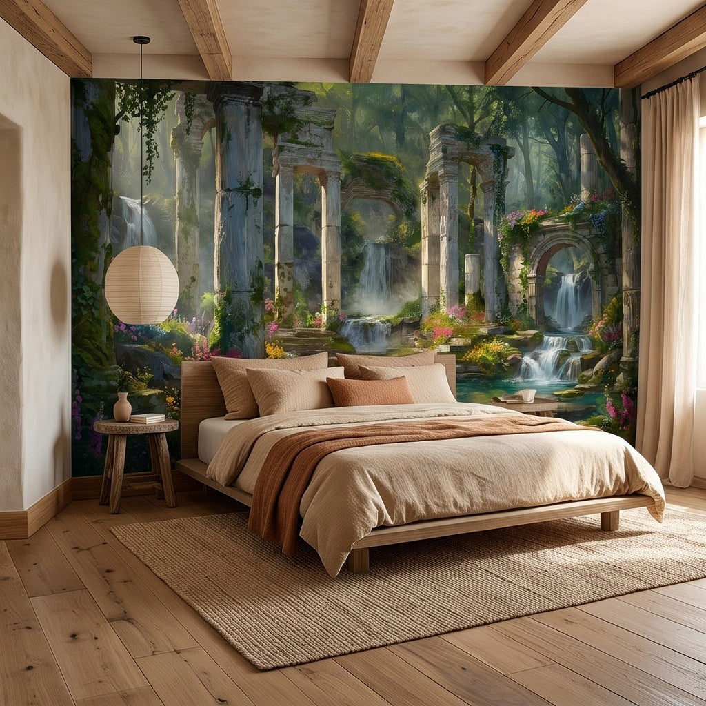 Fantasy garden wall mural with arched ruins, hanging vines, and glowing streams of water
