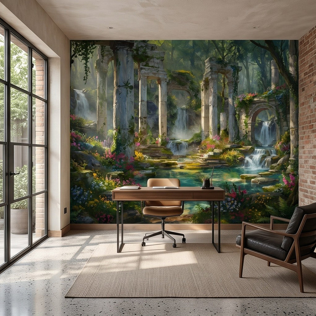 Wide view wall mural with ancient stone arches, waterfalls, and lush forest florals