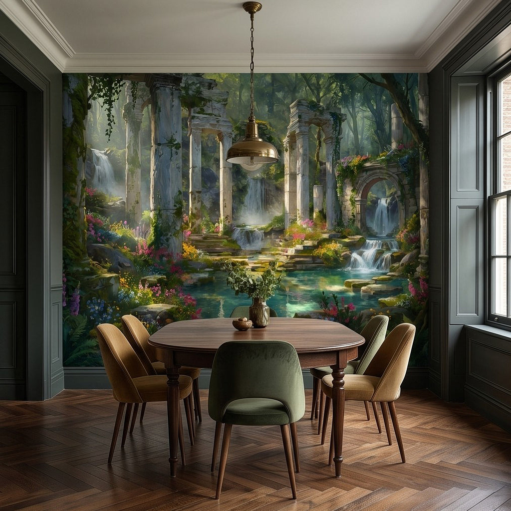 Enchanted ruins wall mural with cascading waterfalls, columns, and flowering forest scenes