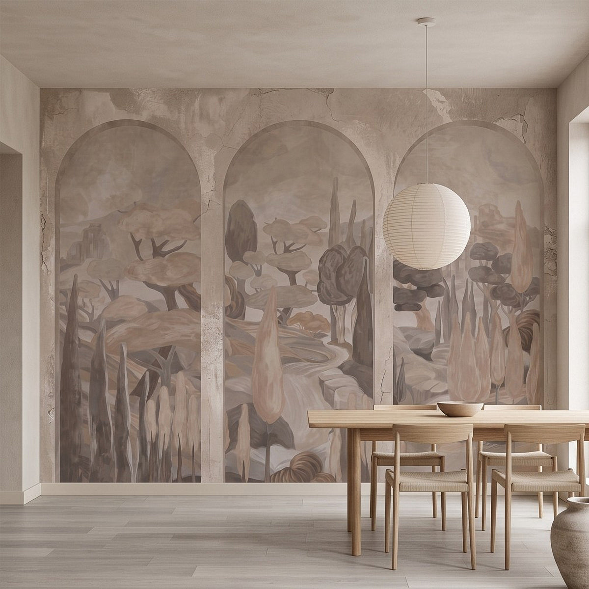 Wall mural with large repeated arches and desert-style plants in light neutral ink tones