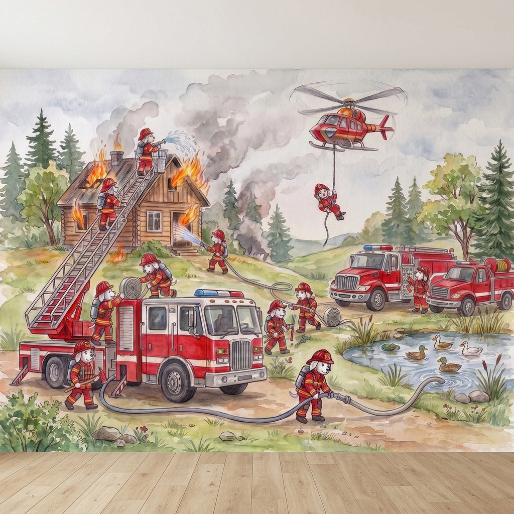 Firefighter wall mural with red fire trucks, firefighters, burning house, helicopter rescue