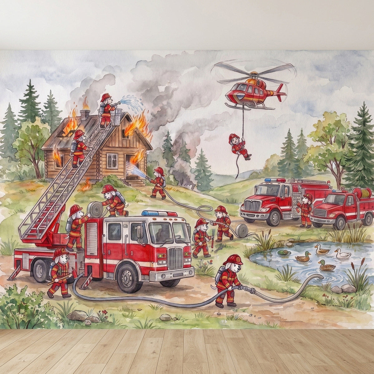 Firefighter wall mural with red fire trucks, firefighters, burning house, helicopter rescue