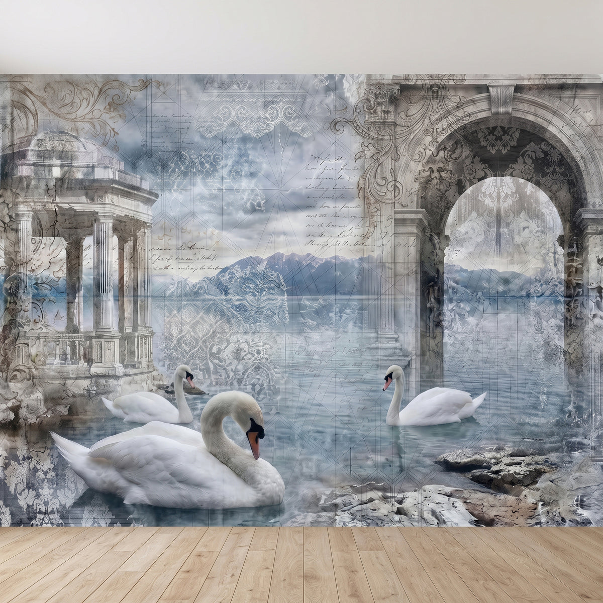 Blue-gray architectural wall mural with swans and arched ruins in a wide wall view.