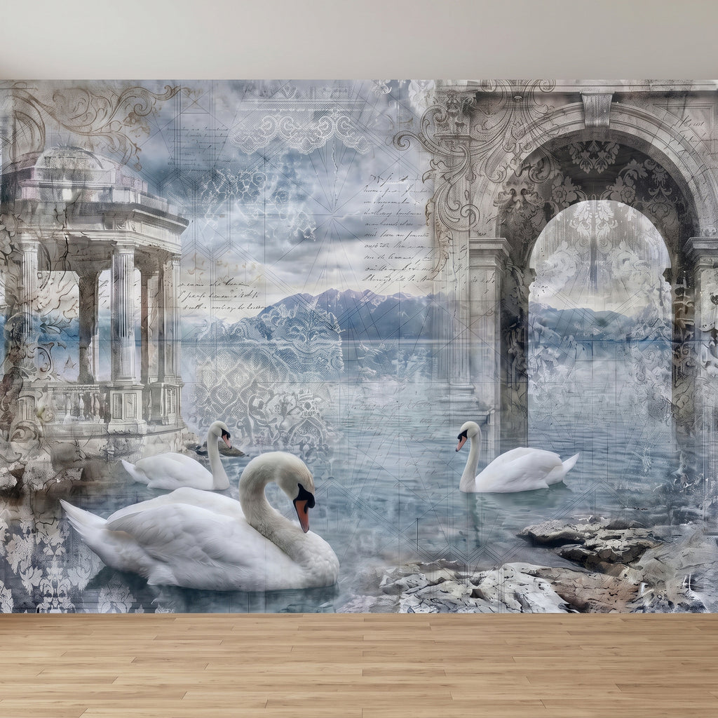 Blue-gray architectural wall mural with swans and arched ruins across the wall.
