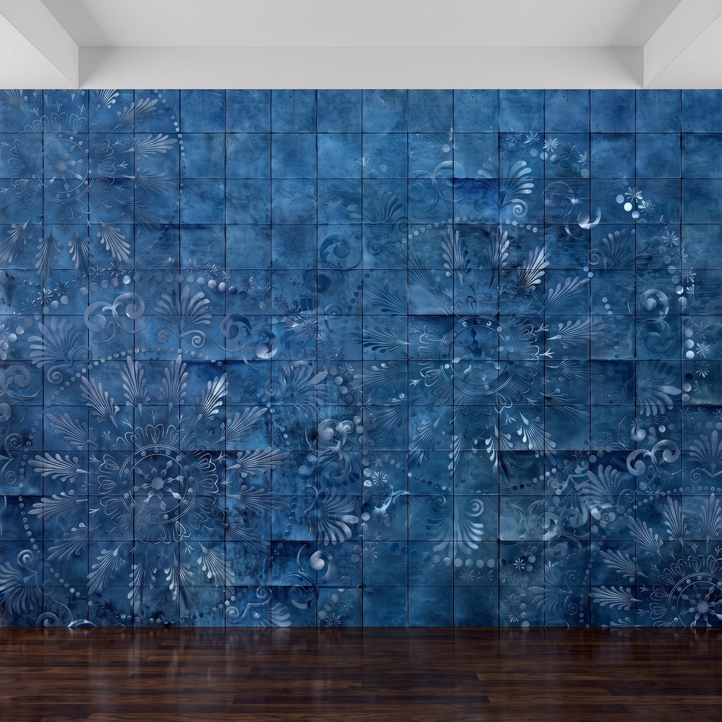 Blue tile wall mural pattern with indigo floral ornaments in distressed square tiles