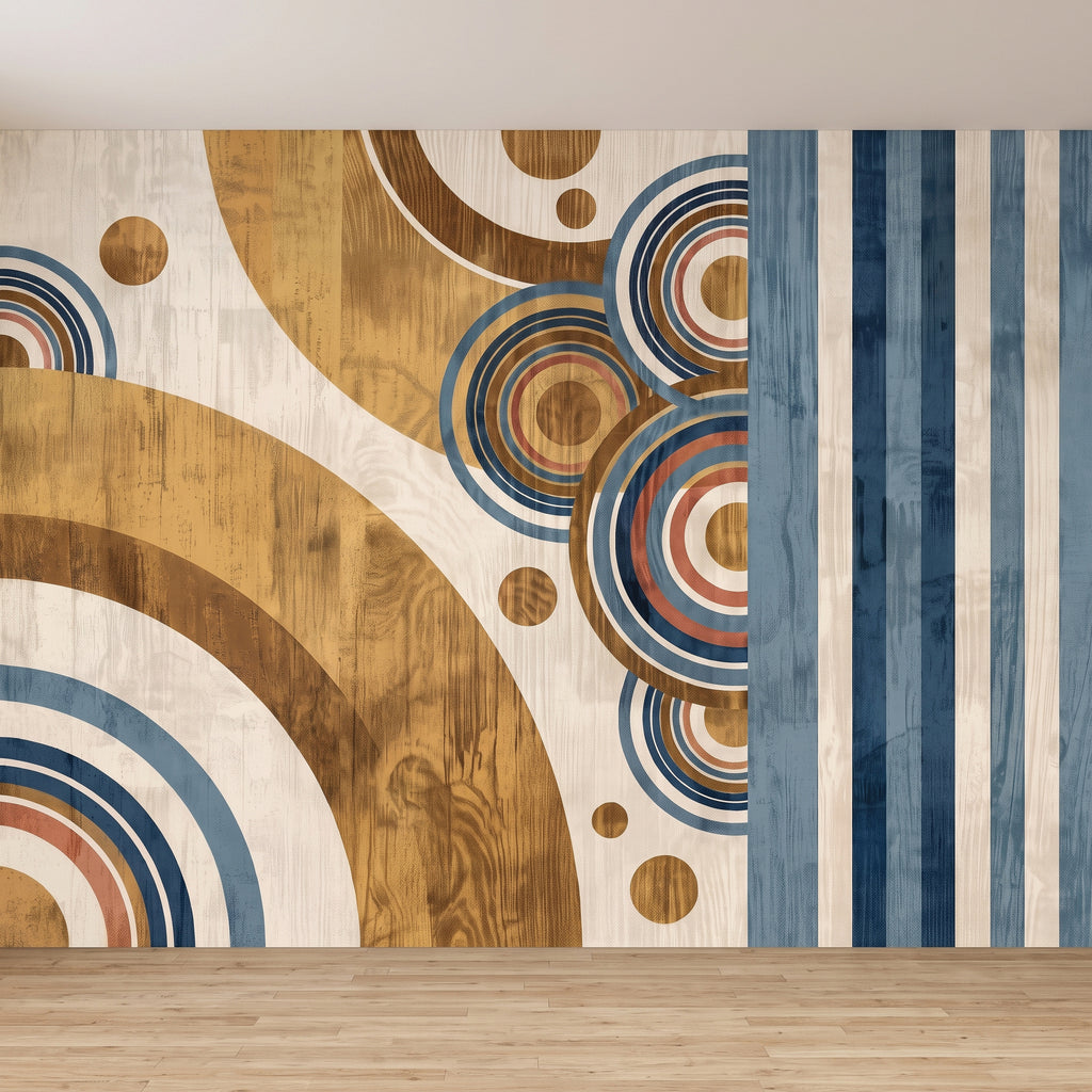 Close view of geometric wall mural with blue ring circles, tan arches, and vertical stripes