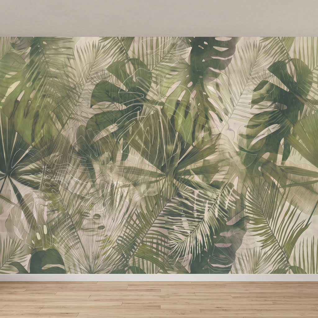 Close-up tropical leaf wall mural in sage and olive green with cream veining