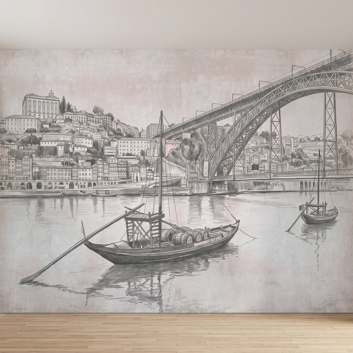 Vintage pencil sketch wall mural close view of rabelo boat and arched bridge over river.