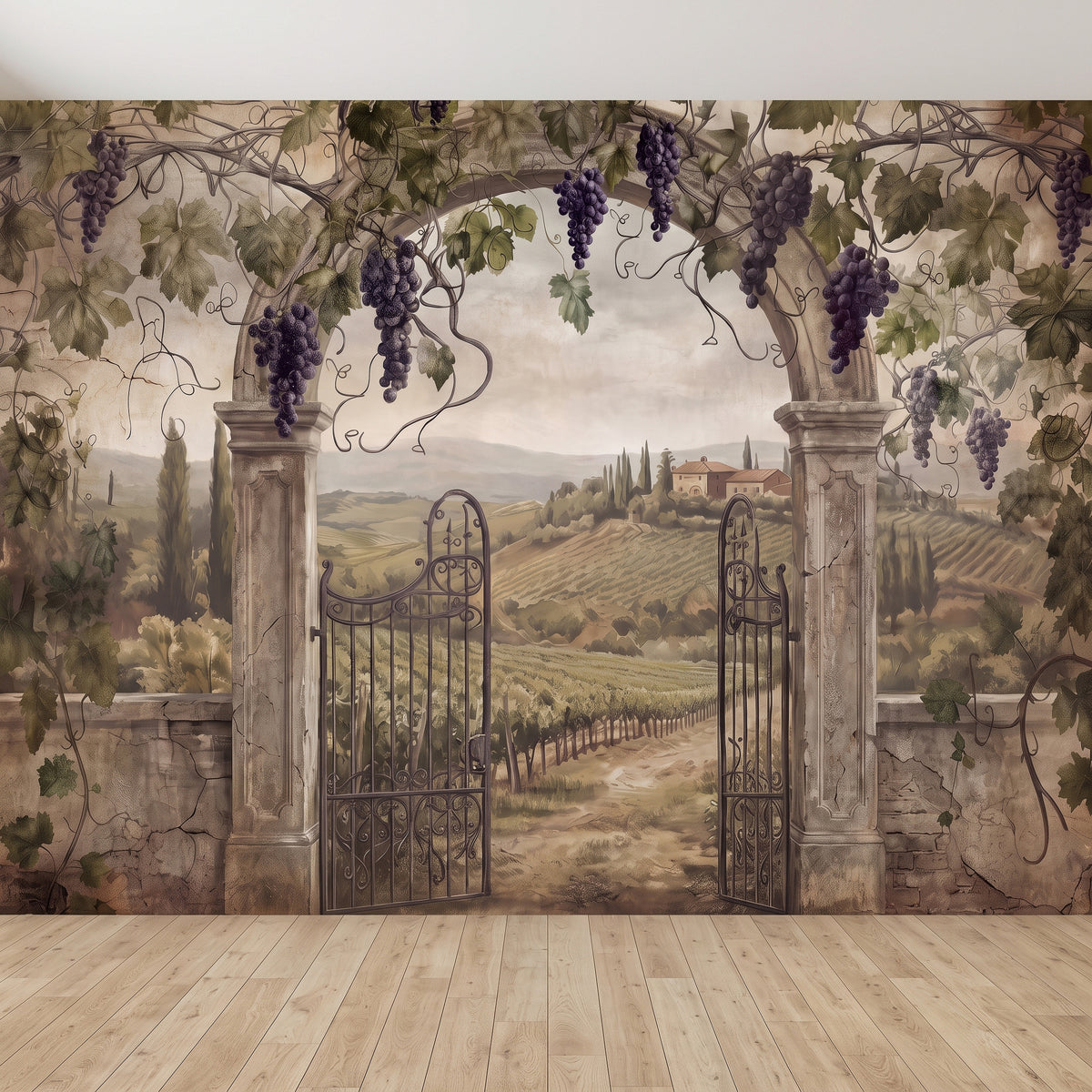 Vineyard gate wall mural with grape vine garlands, stone columns, and countryside path