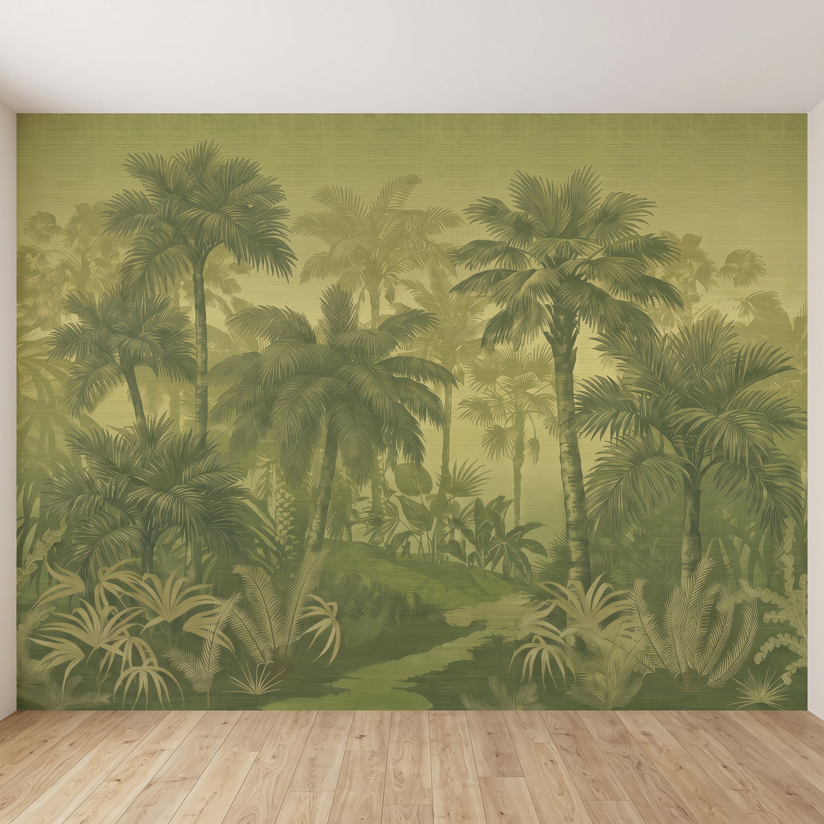 Olive green tropical palm jungle wall mural in a full rectangular wall view