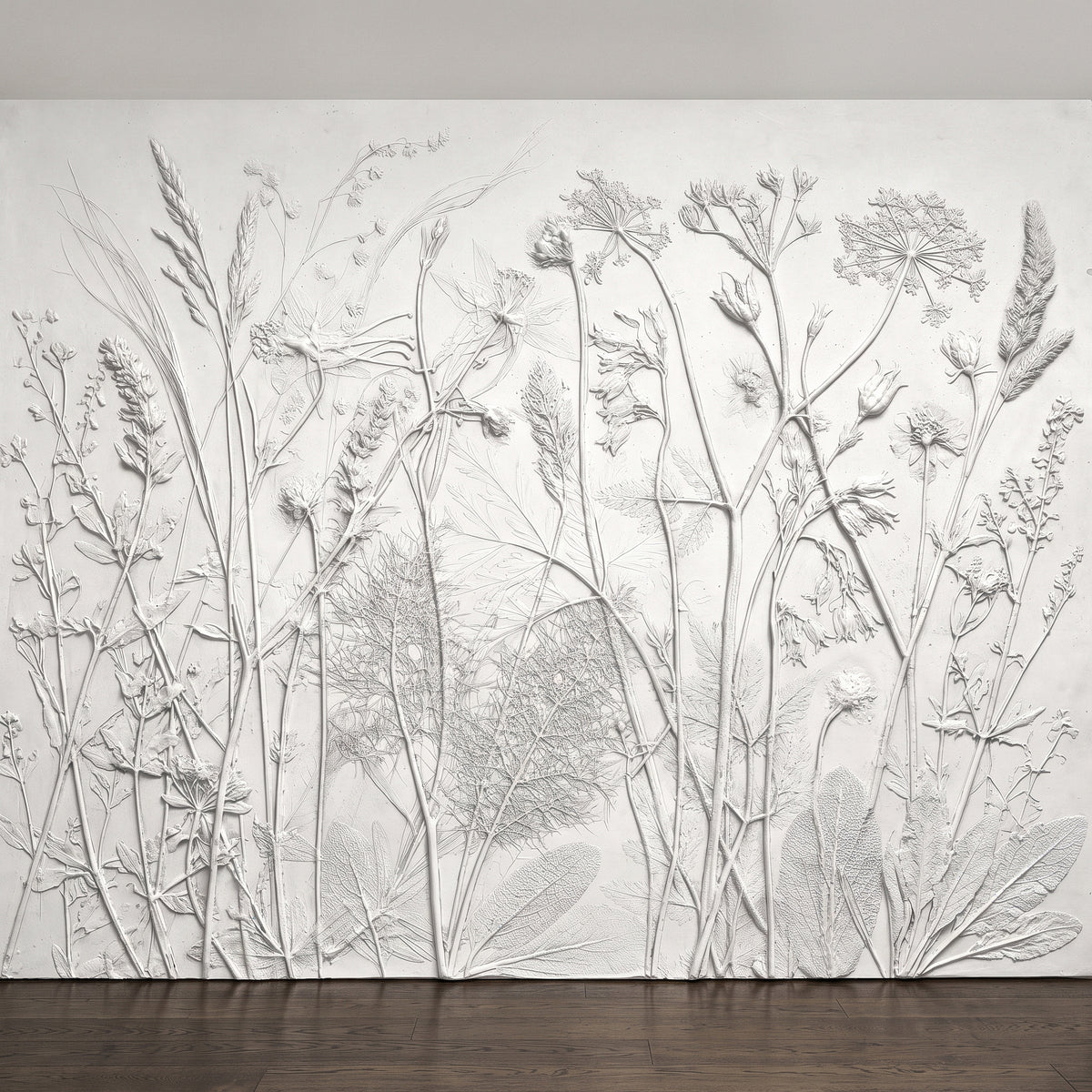 Neutral Botanical Textured Plaster Wildflower Embossed Beige Nature Wall Decor Wall Mural